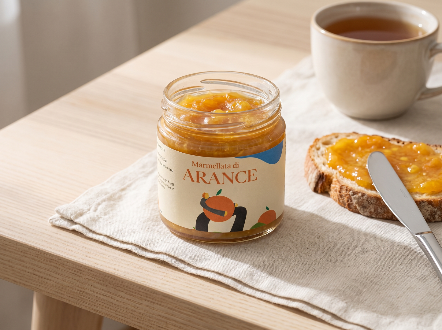 Marmellata di arance Minnelea spalmata sul pane tostato con te a colazione