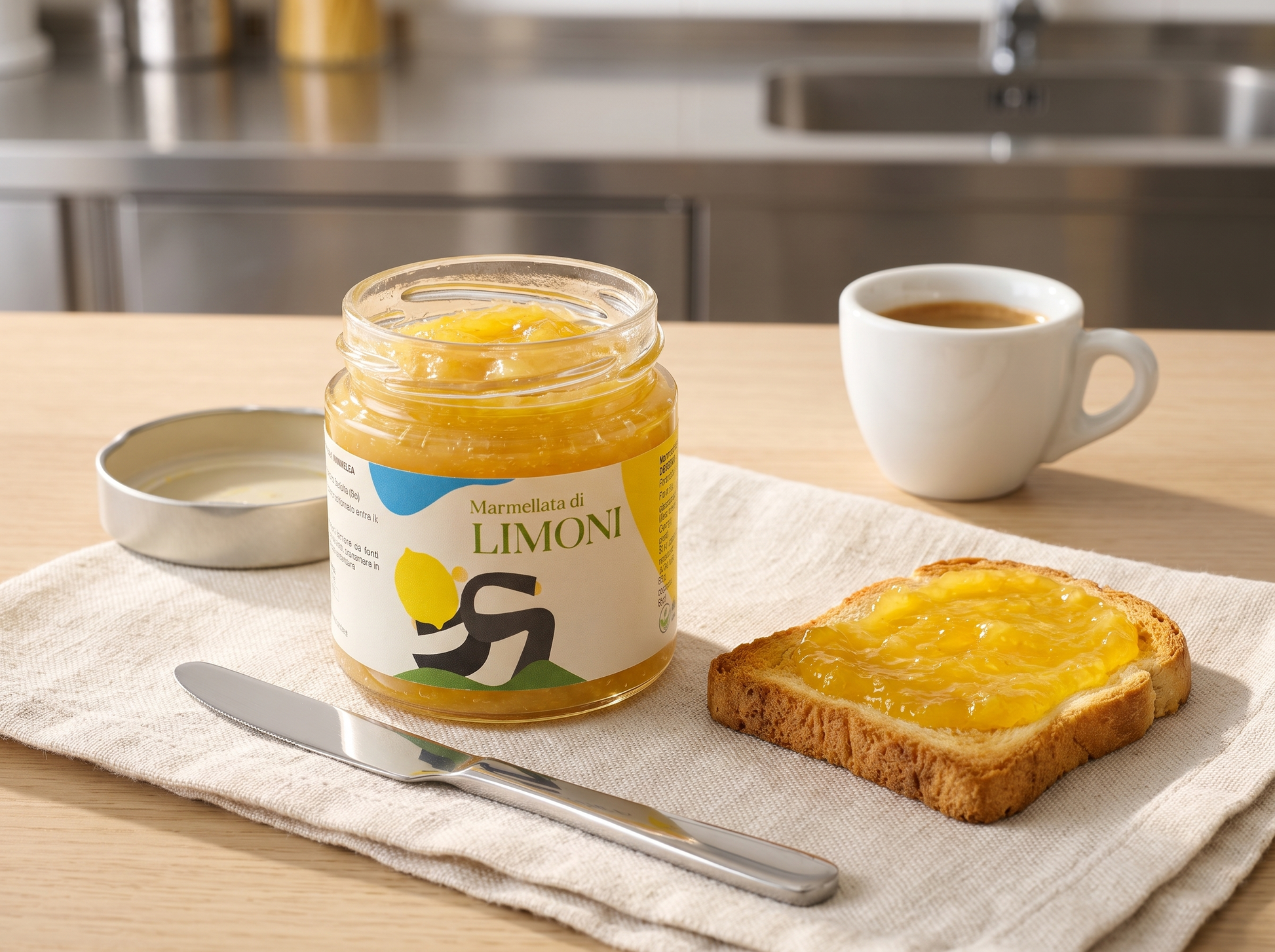 Marmellata extra di limoni Minnelea nel vasetto aperto con fetta di pane spalmata