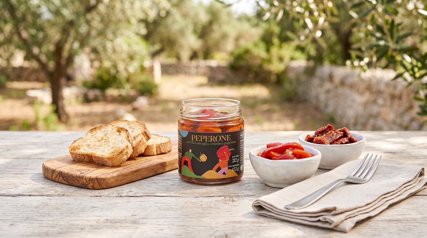 Peperoni sott'olio Minnelea su tavola apparecchiata all'aperto con pane