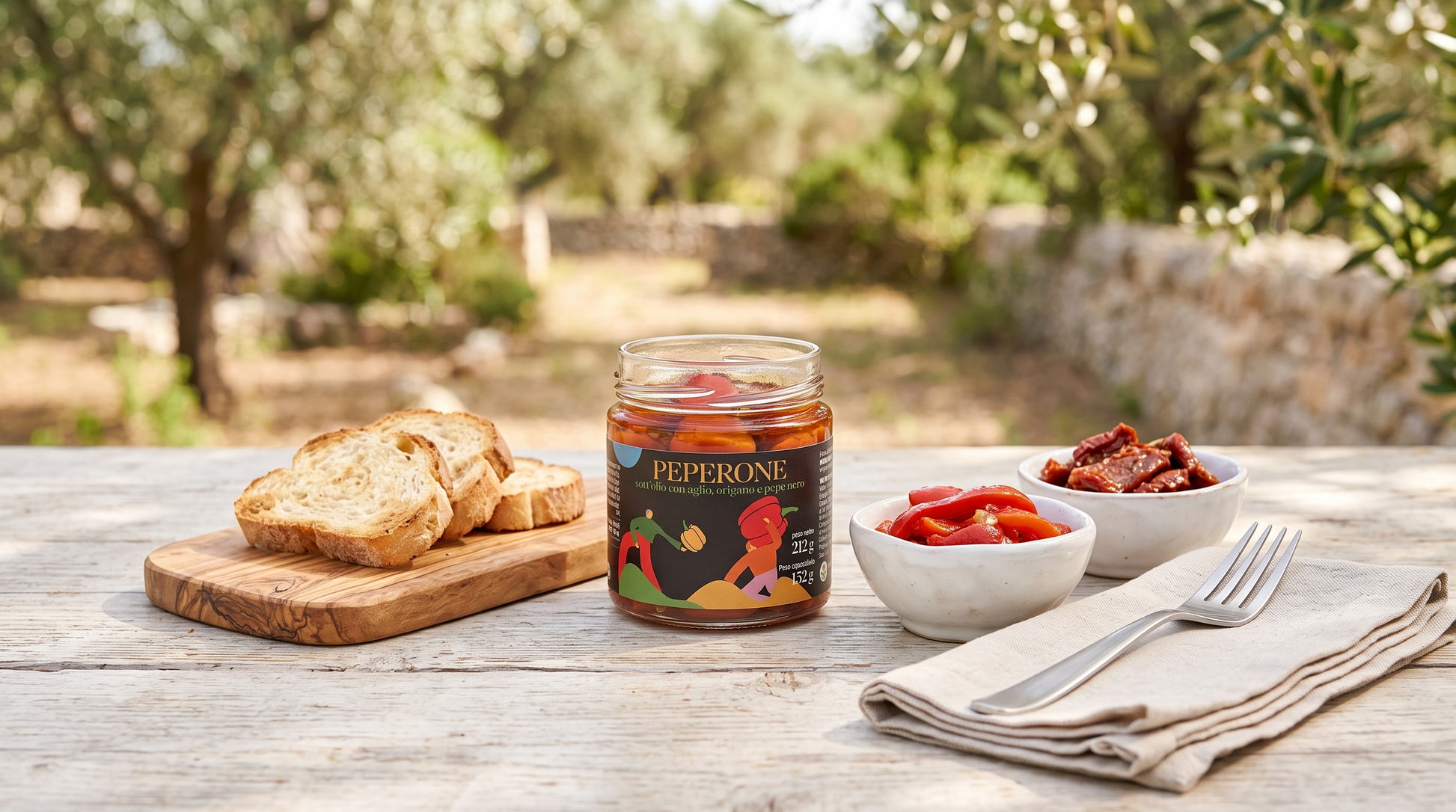 Peperoni sott'olio Minnelea su tavola apparecchiata all'aperto con pane