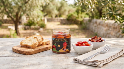 Peperoni sott'olio Minnelea su tavola apparecchiata all'aperto con pane
