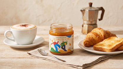 Colazione italiana con confettura extra di albicocche Minnelea, cappuccino e cornetto
