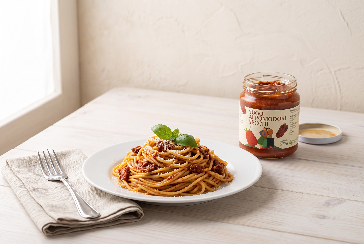 Piatto di spaghetti al sugo di pomodori secchi Minnelea con basilico fresco