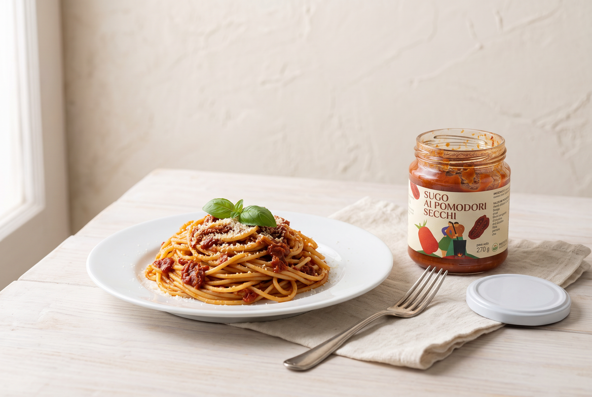 Spaghetti conditi con sugo ai pomodori secchi Minnelea e vasetto aperto accanto al piatto