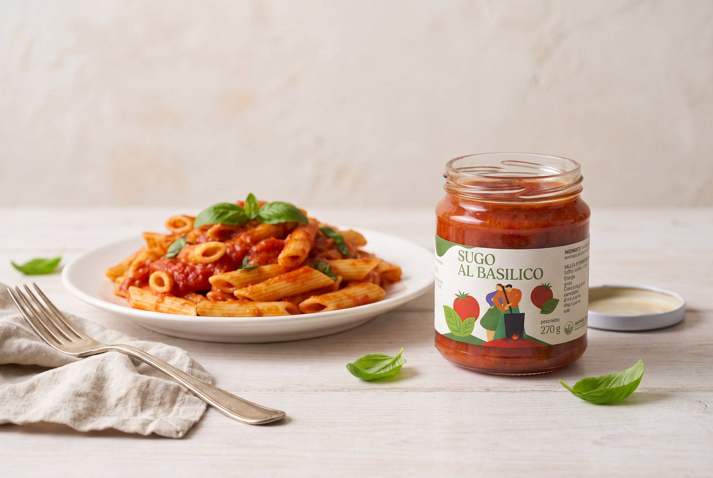 Penne al sugo di pomodoro e basilico Minnelea con vasetto aperto