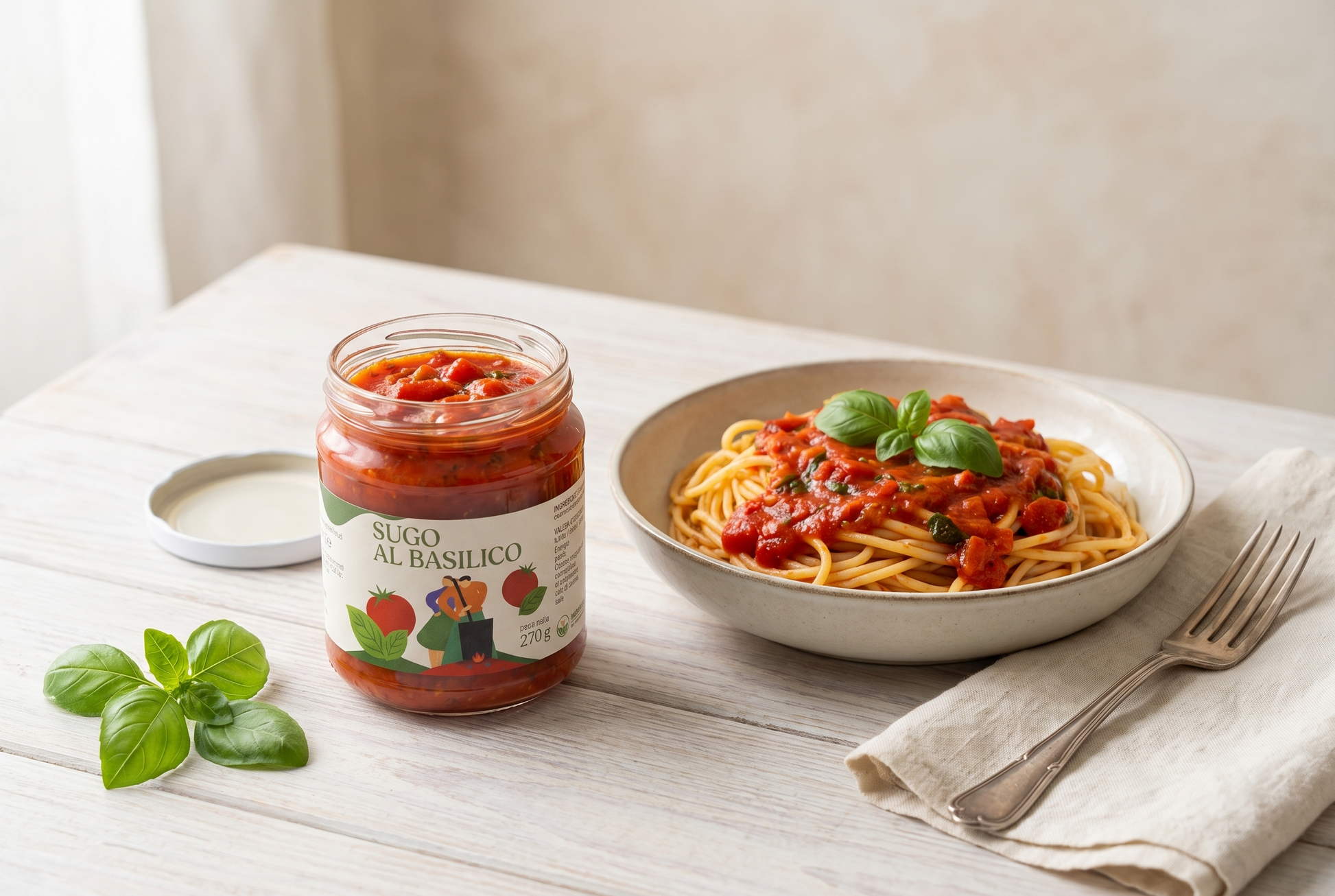 Sugo al basilico Minnelea nel vasetto aperto con spaghetti al pomodoro e basilico