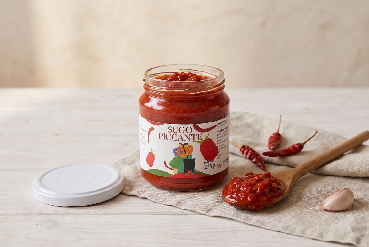 Sugo all'arrabbiata Minnelea nel vasetto aperto con peperoncini secchi e aglio