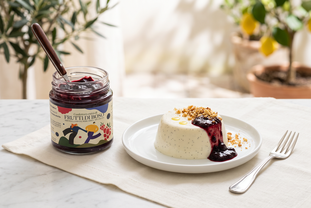 Panna cotta alla vaniglia con frutti di bosco e olio EVO