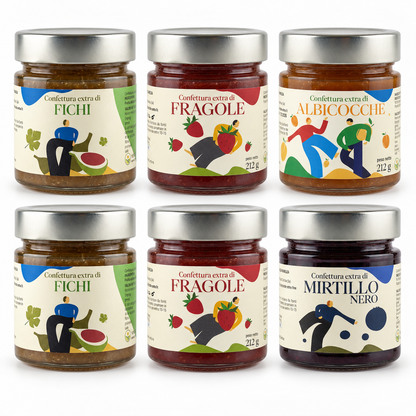 Kit Dolce Risveglio: 6 vasetti — 2 fichi, 2 fragole, 1 mirtillo nero, 1 albicocche