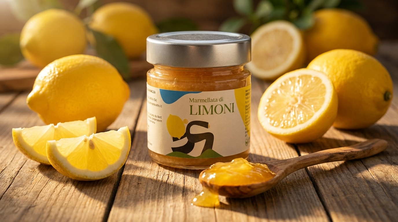 Vasetto di marmellata extra di limoni Minnelea con limoni freschi e cucchiaio