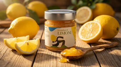 Vasetto di marmellata extra di limoni Minnelea con limoni freschi e cucchiaio