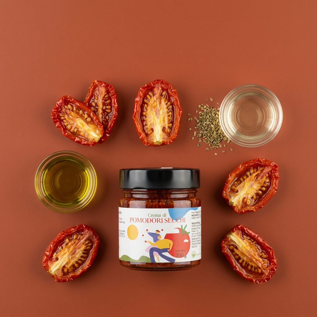 Pate di Pomodori Secchi Minnelea — preparazione con pomodori secchi italiani, olio EVO, aceto di vino bianco e origano