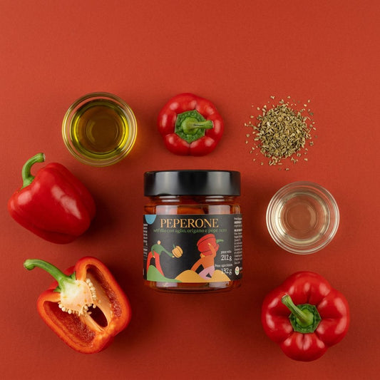 Peperoni Sott'Olio Minnelea — preparazione con peperoni rossi del Cilento, olio EVO, aceto di vino bianco e origano