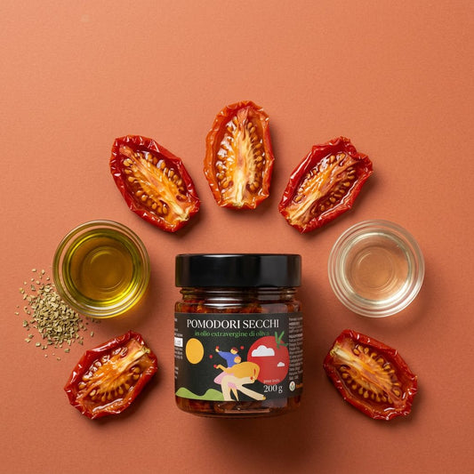Pomodori Sott'Olio Minnelea — preparazione con pomodori secchi italiani, olio EVO, aceto di vino bianco e origano