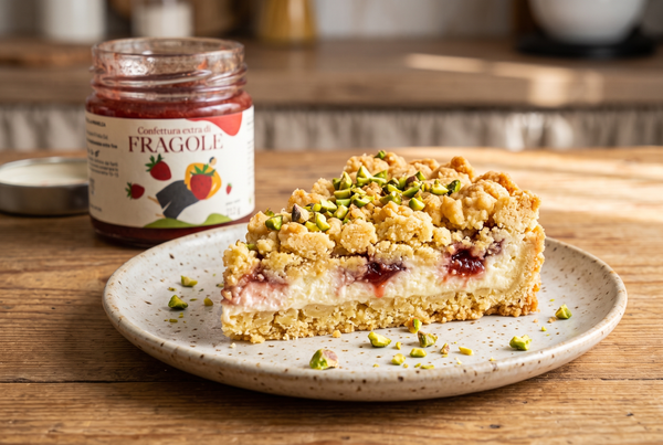 Sbriciolata ricotta, fragola e pistacchio