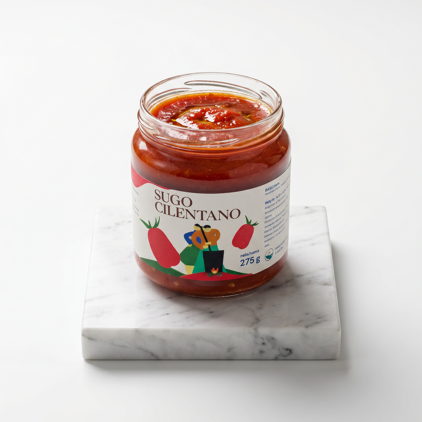 Sugo Cilentano Minnelea aperto — vasetto senza tappo, tradizione del Cilento