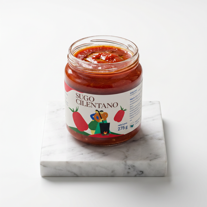 Sugo Cilentano Minnelea aperto — vasetto senza tappo, tradizione del Cilento
